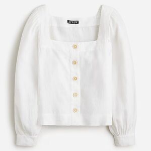 J. Crew White Puff Sleeve square neck button front blouse, 100% linen